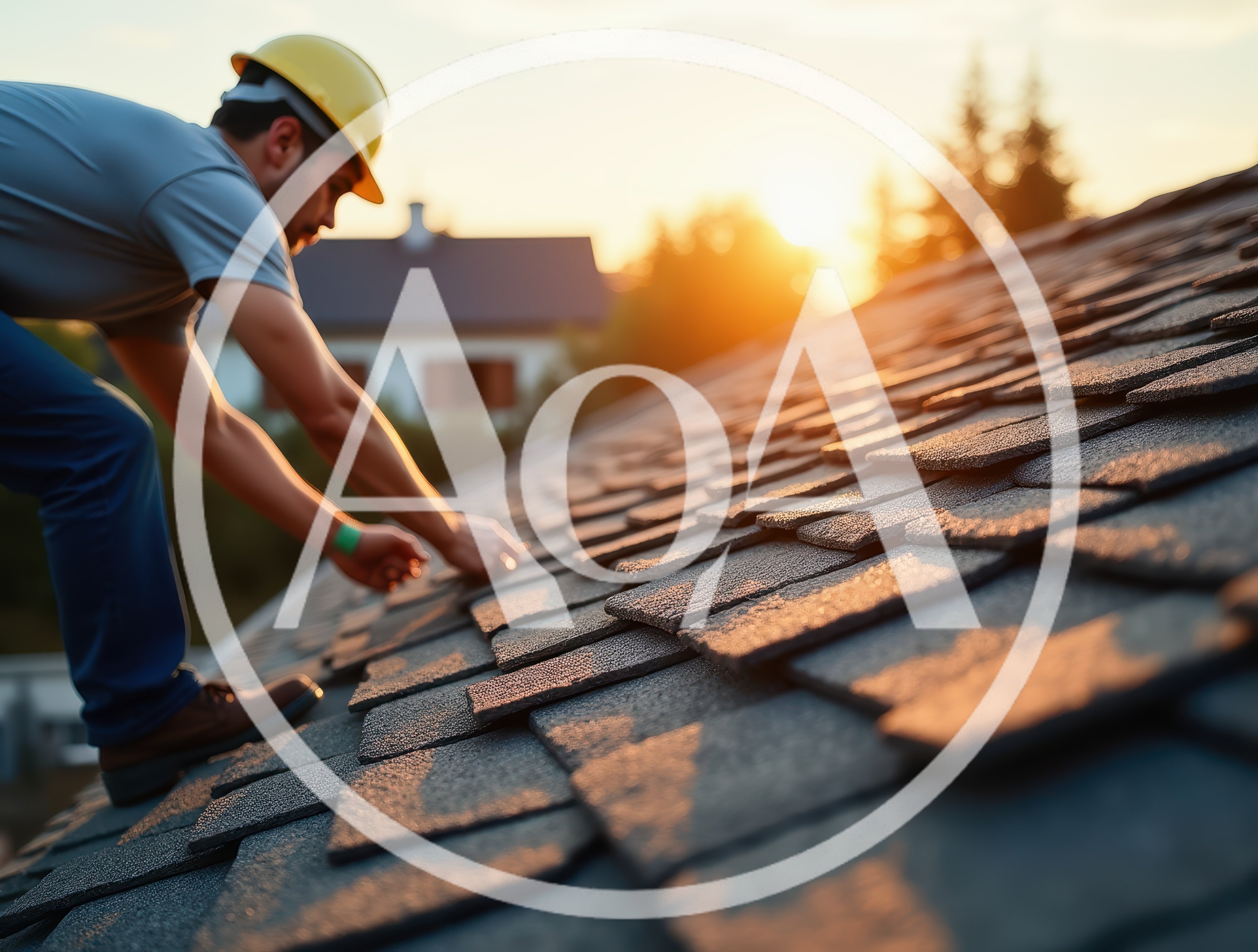 Roofer Installing Asphalt Shingles At Sunset