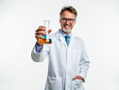 Smiling Male Scientist Holding A Colorful Chemical Flask