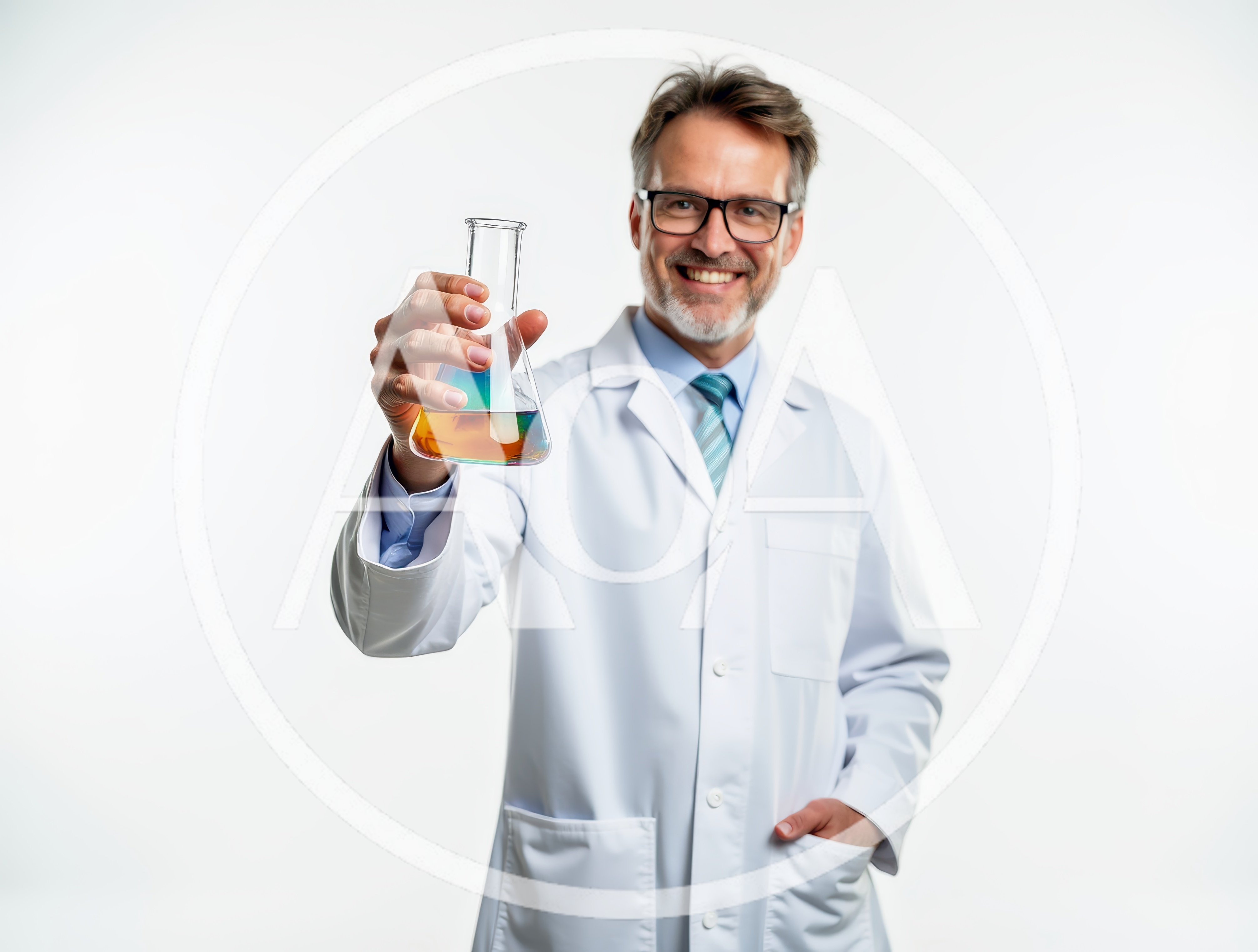 Smiling Male Scientist Holding A Colorful Chemical Flask