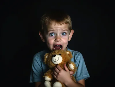 Scared Young Boy Holding A Teddy Bear