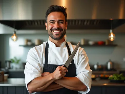 Professional Chef Holding A Kitchen Knife In Restaurant Kitchen