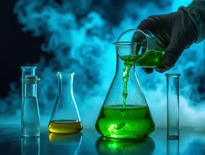 Scientist Pouring Green Chemical Into Laboratory Flask