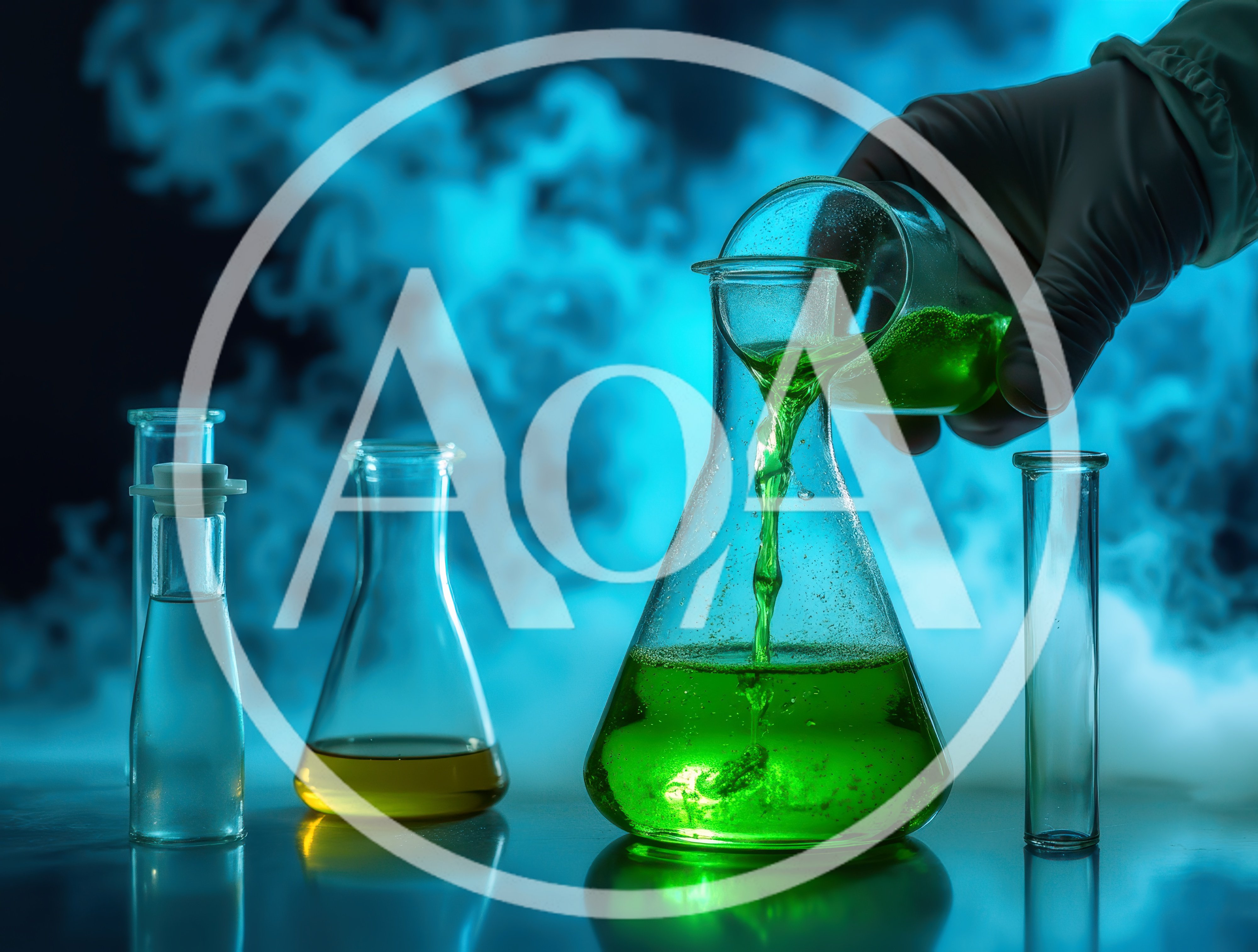 Scientist Pouring Green Chemical Into Laboratory Flask