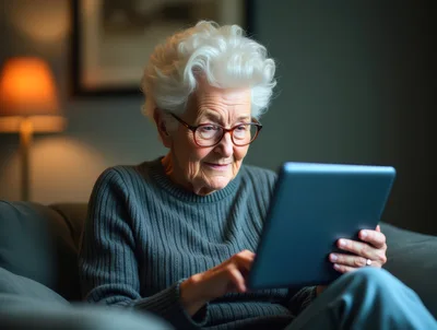 Elderly Woman Using Digital Tablet At Home