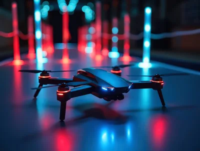 Modern Drone Resting on a Neon Lit Track