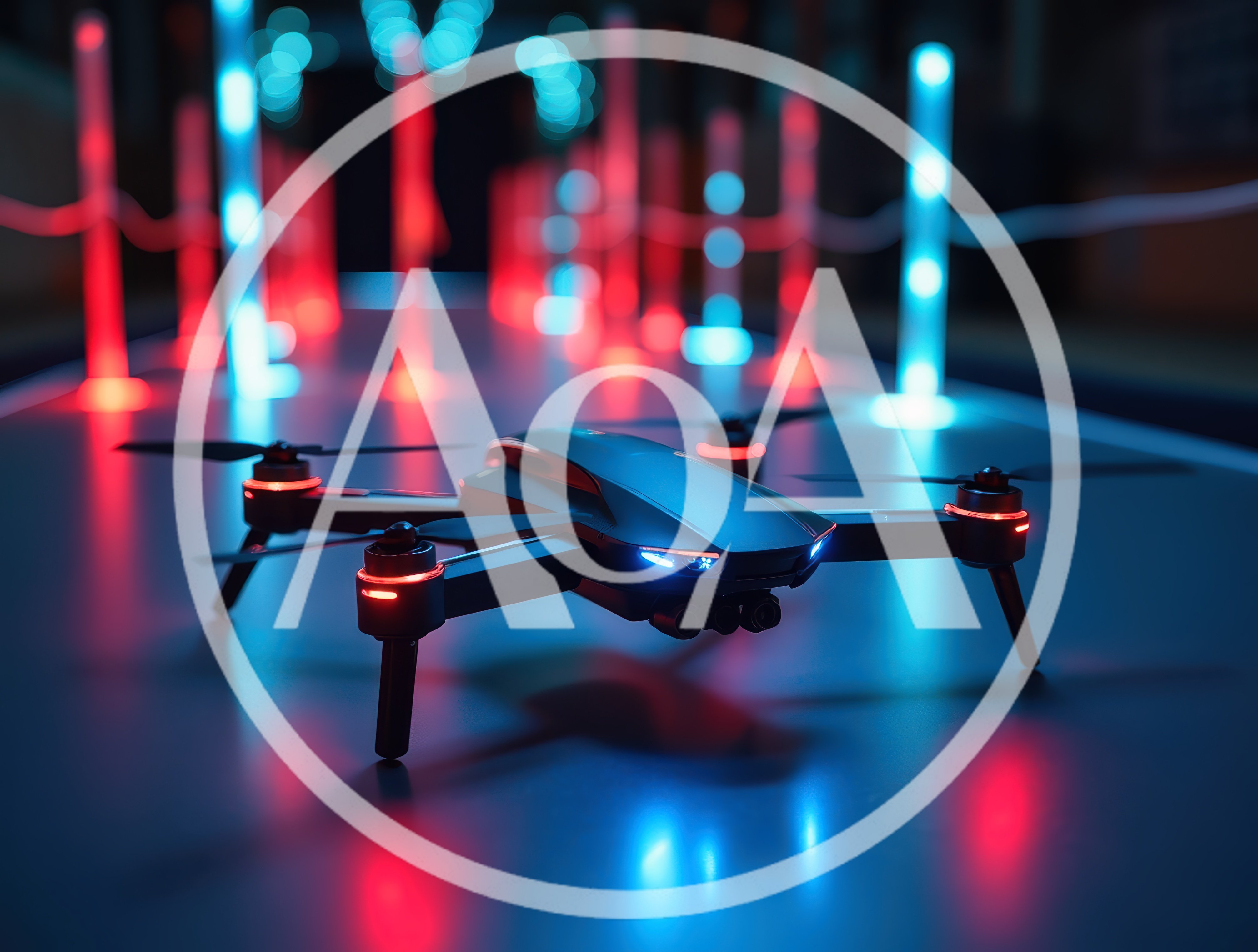 Modern Drone Resting on a Neon Lit Track
