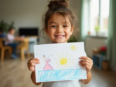 Happy Young Girl Holding Her Colorful Drawing
