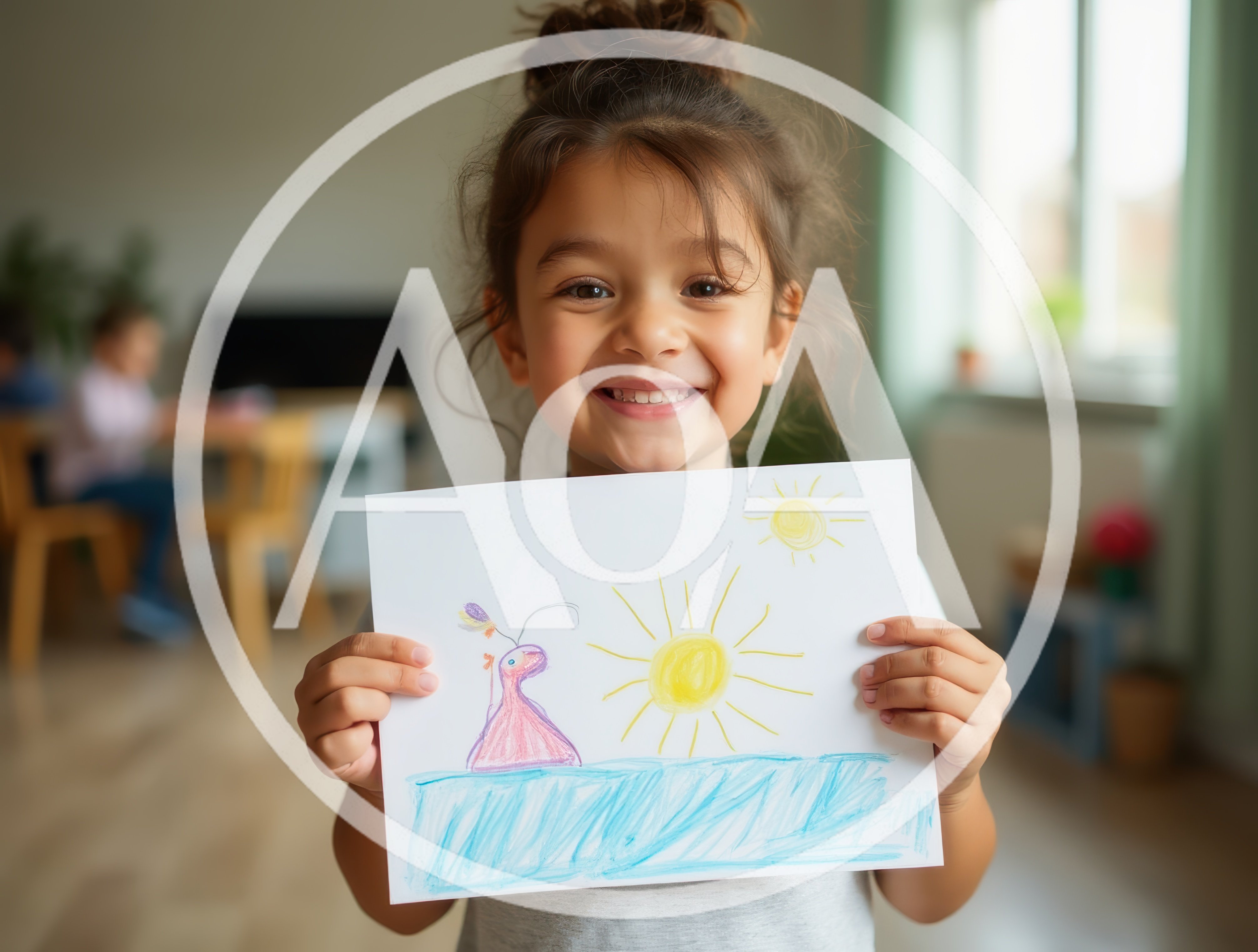 Happy Young Girl Holding Her Colorful Drawing