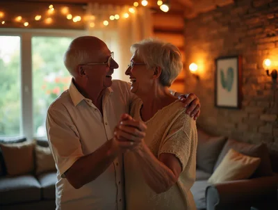 Happy Senior Couple Dancing Together In Living Room