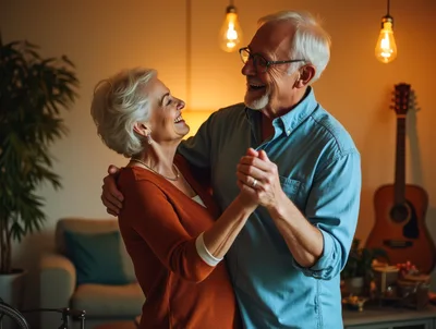 Happy Senior Couple Dancing Together At Home