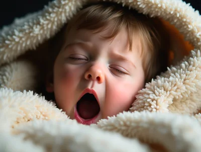 Adorable Baby Yawning Wrapped In A Soft Blanket