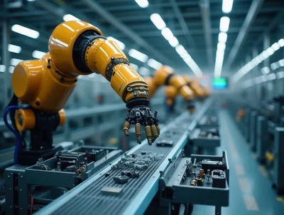 Industrial Robotic Arm Operating On Factory Assembly Line