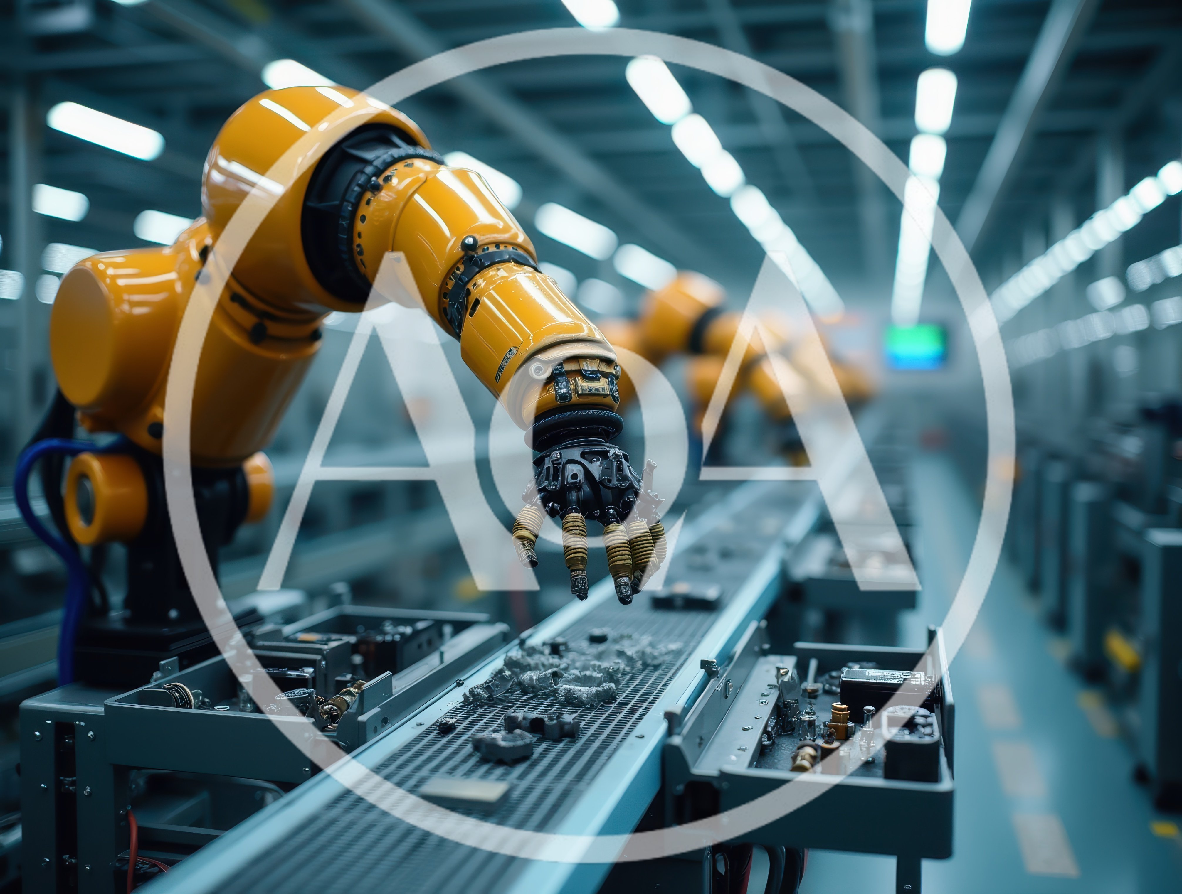 Industrial Robotic Arm Operating On Factory Assembly Line