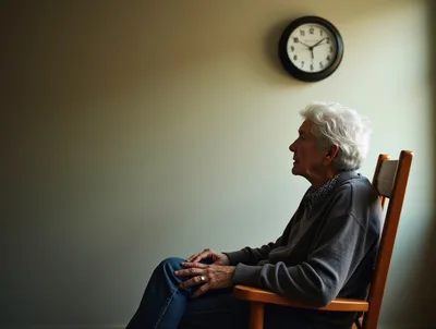 Elderly Woman Sitting In A Wooden Rocking Chair