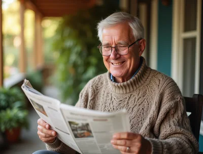 Senior Man Reading Newspaper on Porch