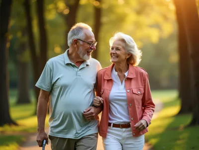 Happy Senior Couple Walking Together In A Park