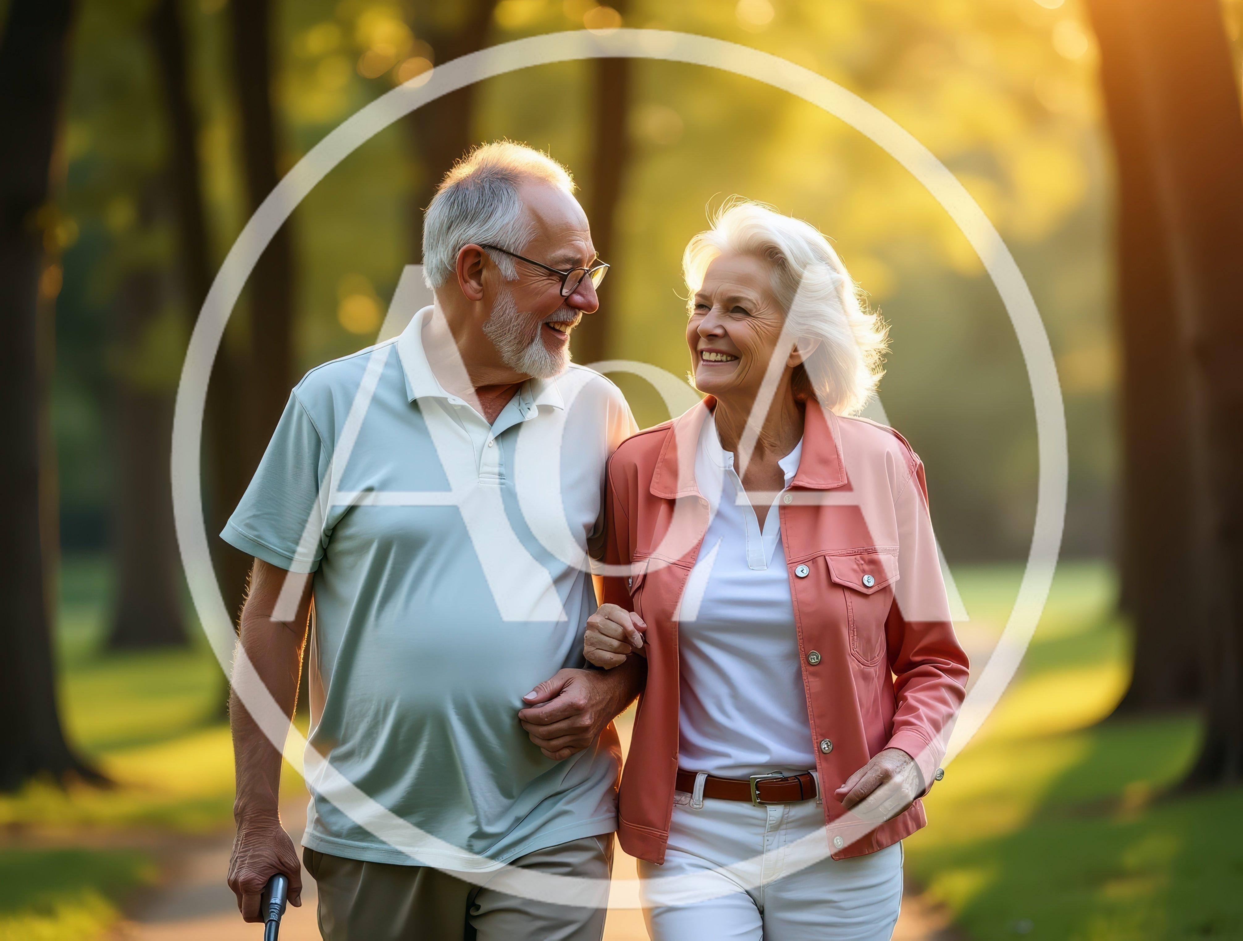 Happy Senior Couple Walking Together In A Park