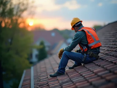 Construction Worker Sitting On Residential Roof At Sunset