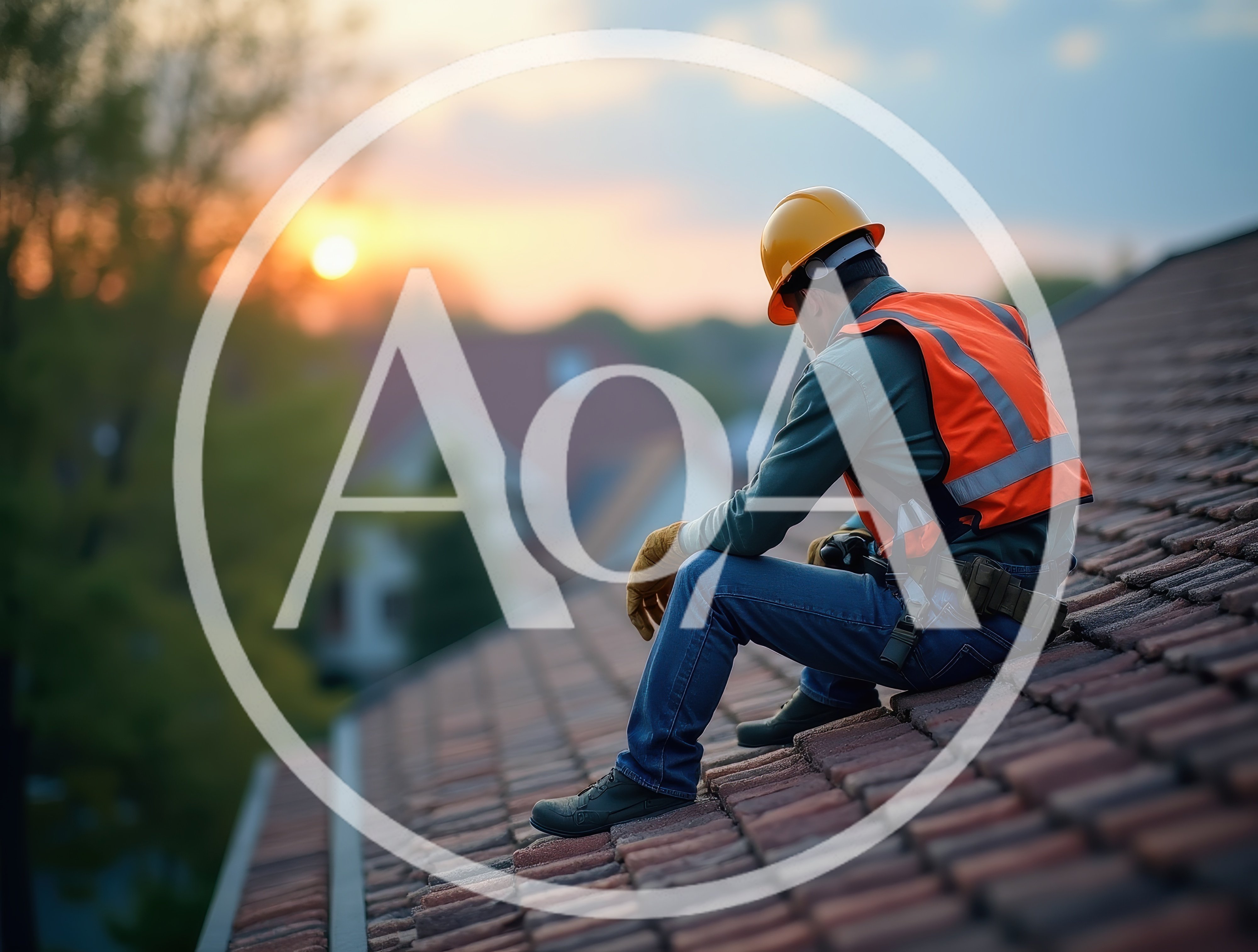 Construction Worker Sitting On Residential Roof At Sunset