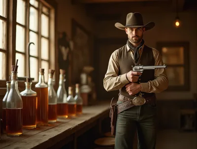 Cowboy Holding Revolver In A Rustic Western Saloon