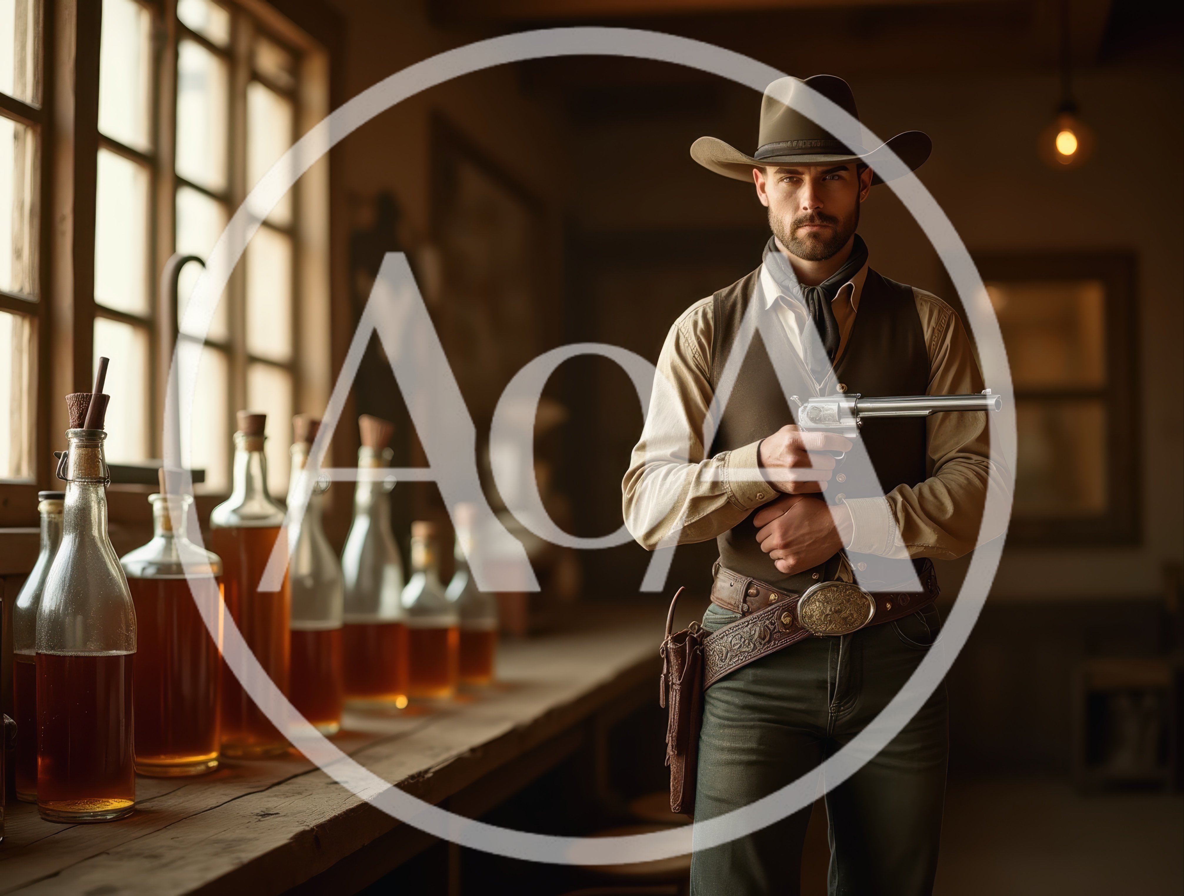 Cowboy Holding Revolver In A Rustic Western Saloon