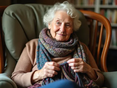 Elderly Woman Knitting In A Cozy Armchair