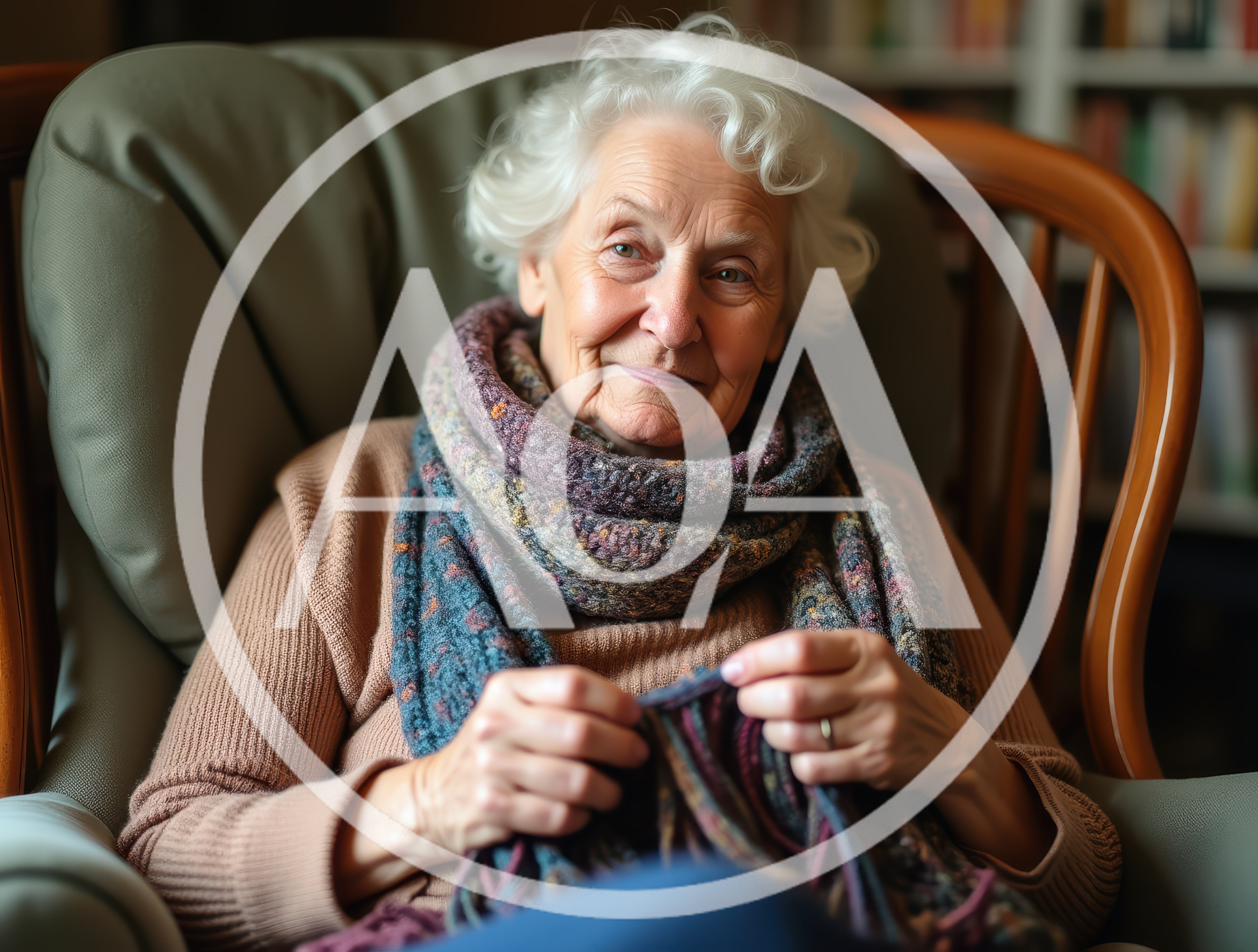 Elderly Woman Knitting In A Cozy Armchair