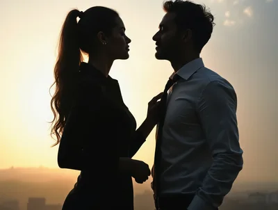Silhouette of Professional Couple Standing Together at Sunset
