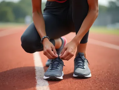Female Athlete Tying Shoelaces On A Running Track
