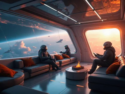 Astronauts Relaxing In Futuristic Space Station Lounge