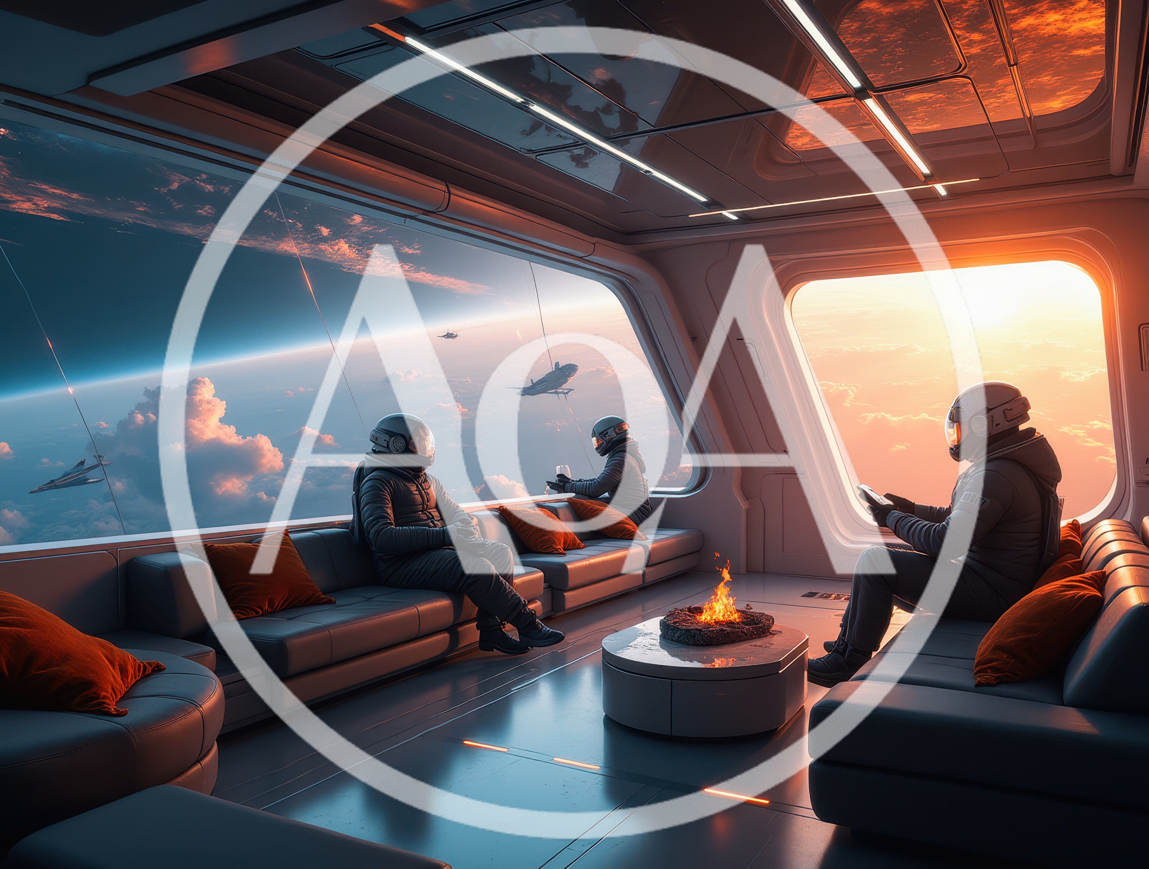 Astronauts Relaxing In Futuristic Space Station Lounge