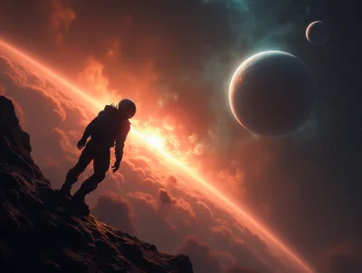 Astronaut Standing On Alien Planet Overlooking Glowing Nebula