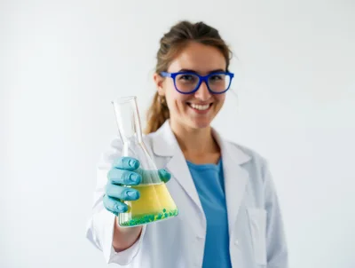 Female Scientist Holding Erlenmeyer Flask with Chemical Solution