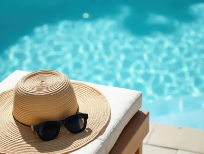Straw Hat and Sunglasses on Poolside Lounge Chair