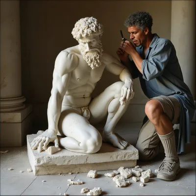 Sculptor Carefully Carving A Classical Marble Statue