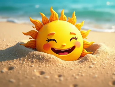 Cheerful Cartoon Sun Character Buried In Beach Sand