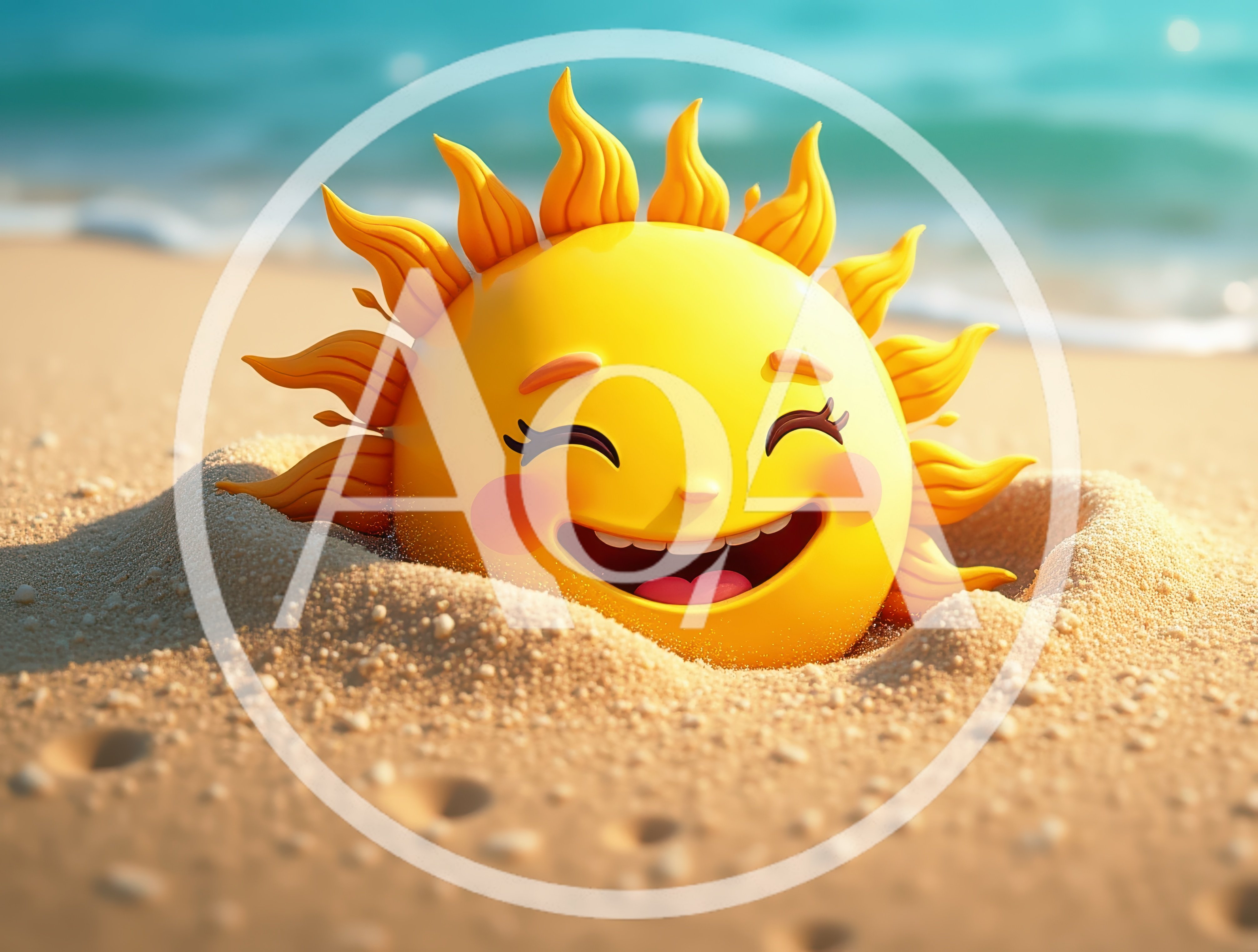 Cheerful Cartoon Sun Character Buried In Beach Sand