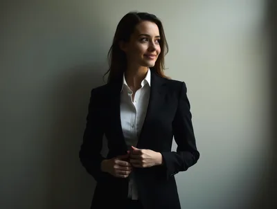 Professional Businesswoman Adjusting Her Black Suit Jacket