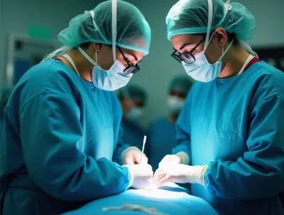 Two Surgeons Performing A Medical Procedure In Operating Room
