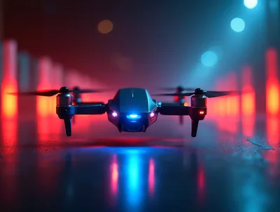 Modern Drone Hovering Over Wet Reflective Surface