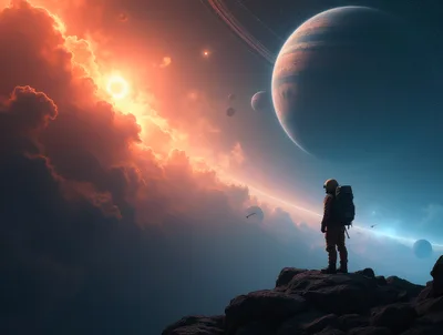 Astronaut Standing On Alien Planet Overlooking Space Nebula