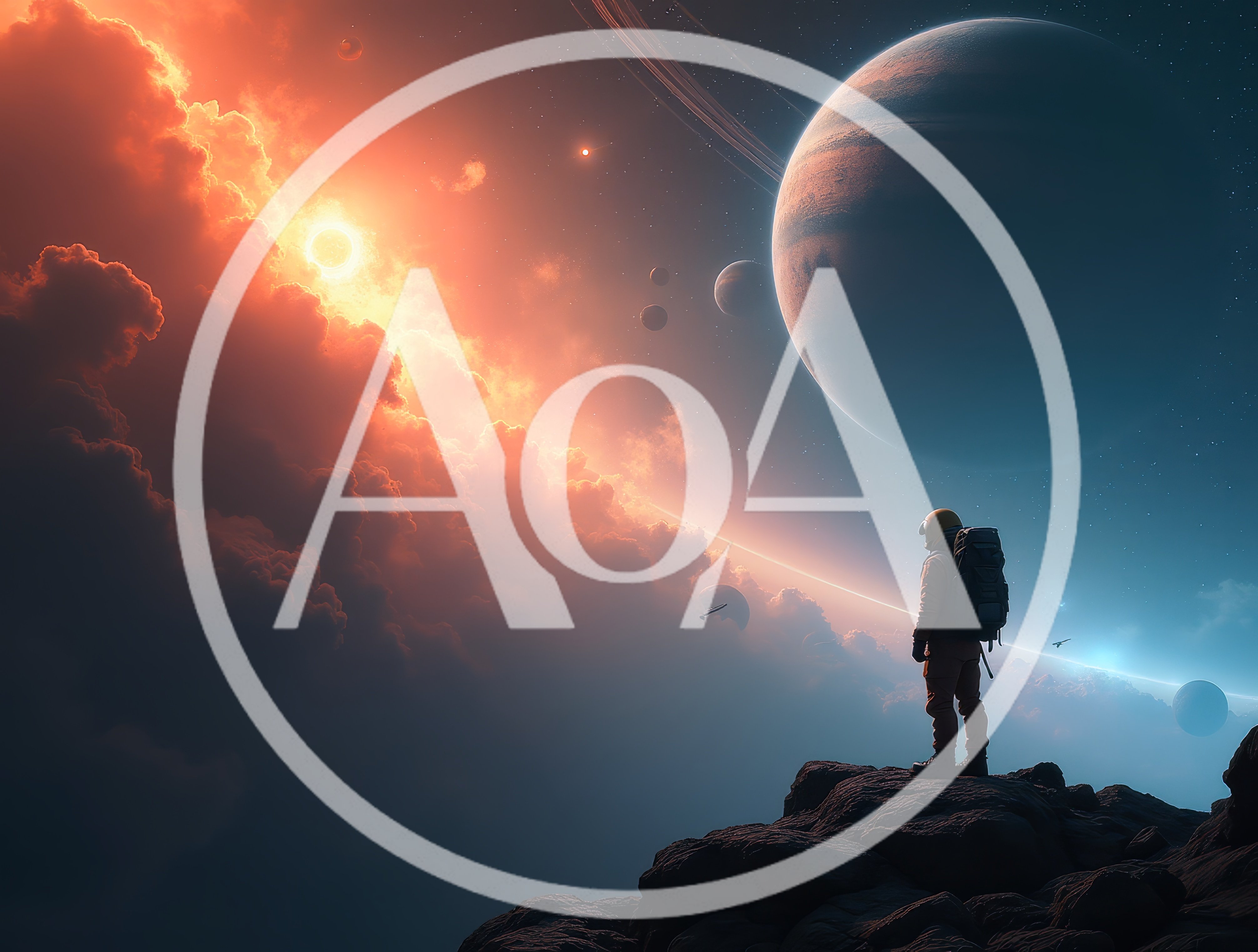 Astronaut Standing On Alien Planet Overlooking Space Nebula