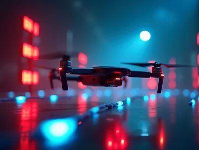 Modern Drone Hovering Over Glowing Neon Lights