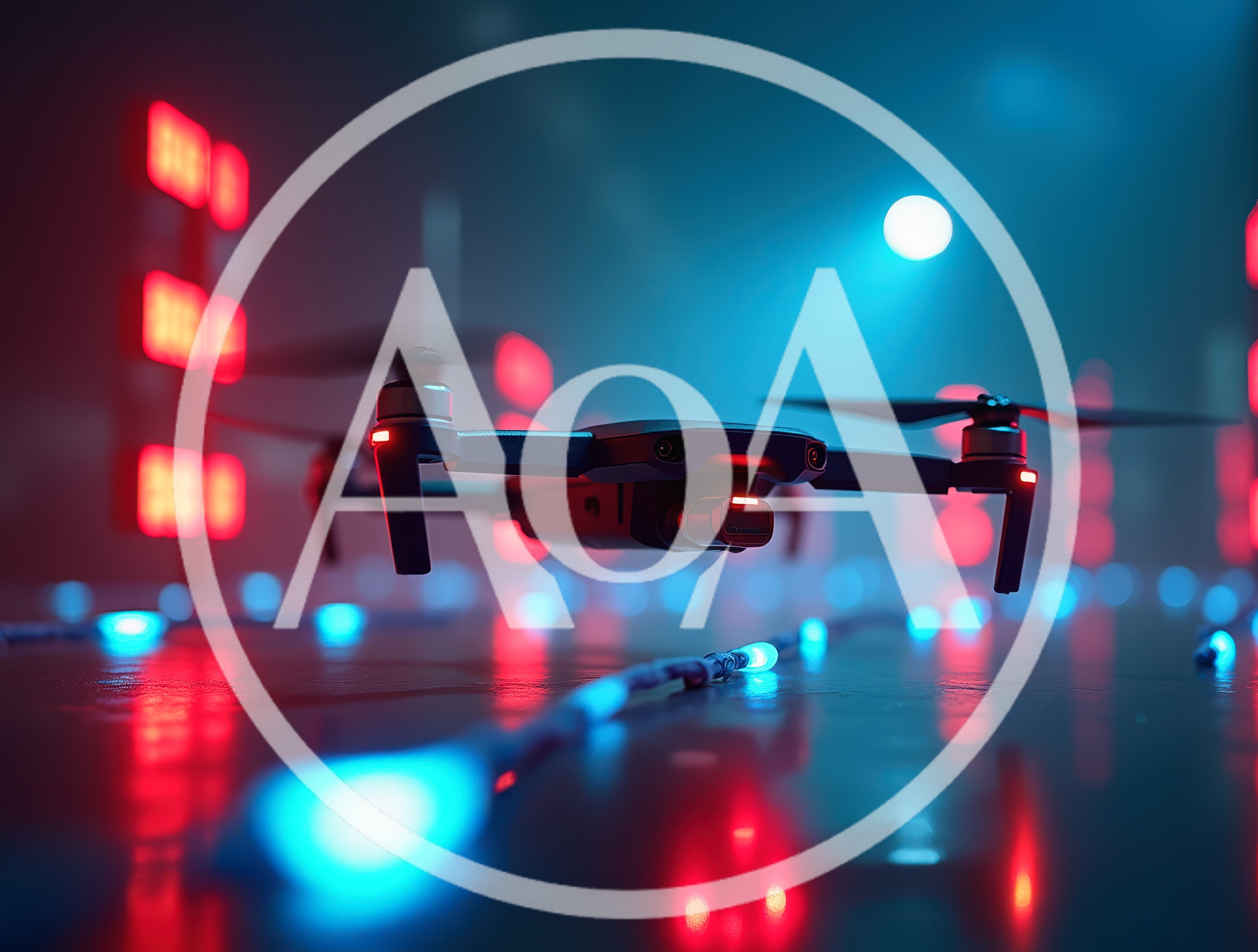 Modern Drone Hovering Over Glowing Neon Lights