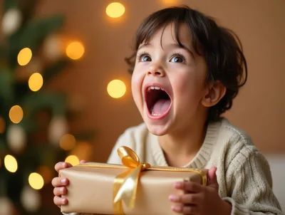 Excited Child Holding A Christmas Gift