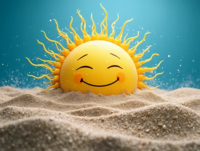 Cute Cartoon Sun Character Rising From Sandy Beach