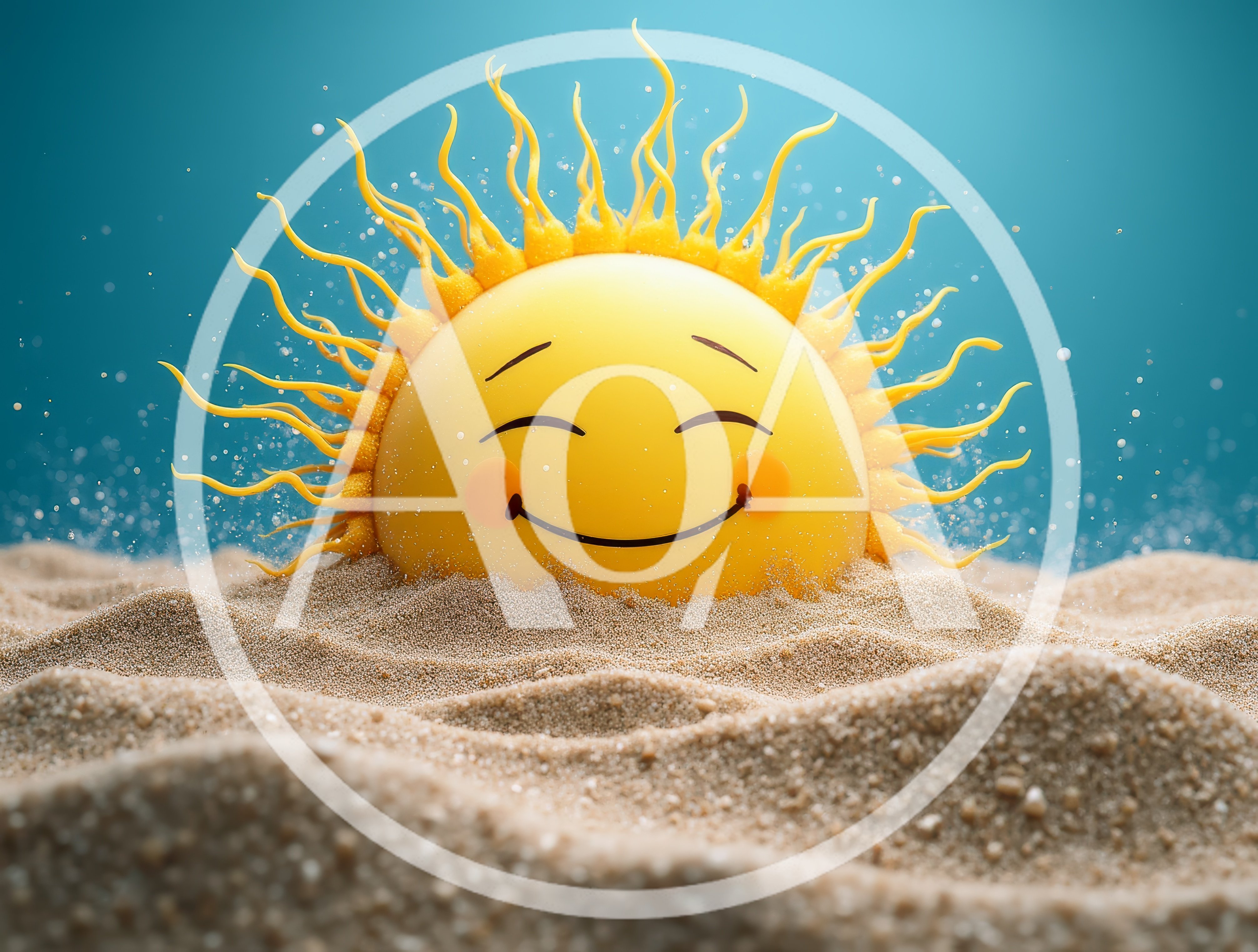 Cute Cartoon Sun Character Rising From Sandy Beach
