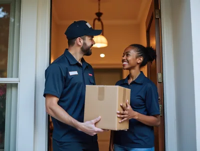 Delivery Workers Handing Over A Package At A Doorway