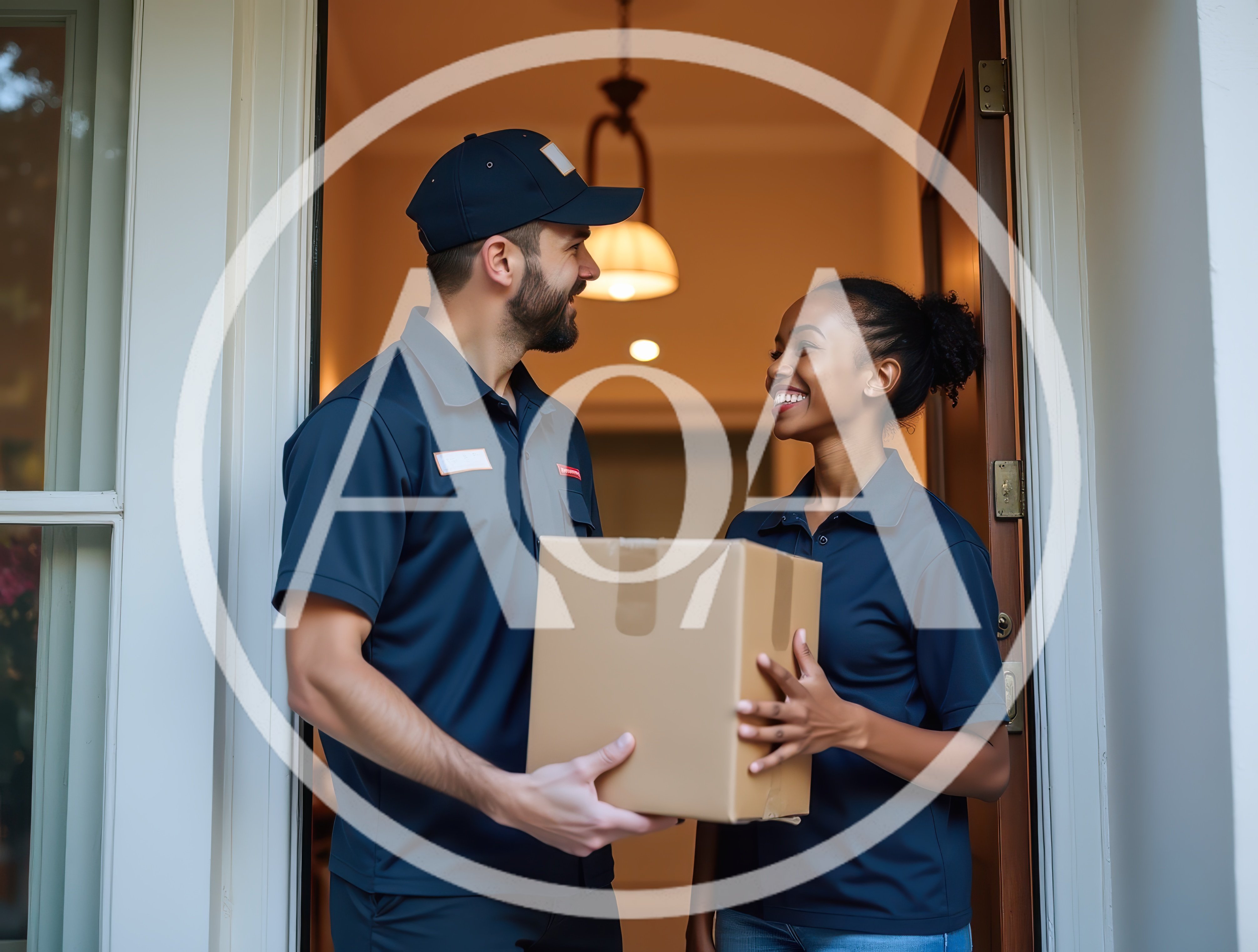 Delivery Workers Handing Over A Package At A Doorway