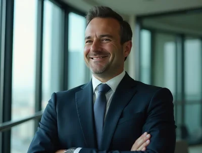 Confident Businessman Smiling In Modern Office Setting
